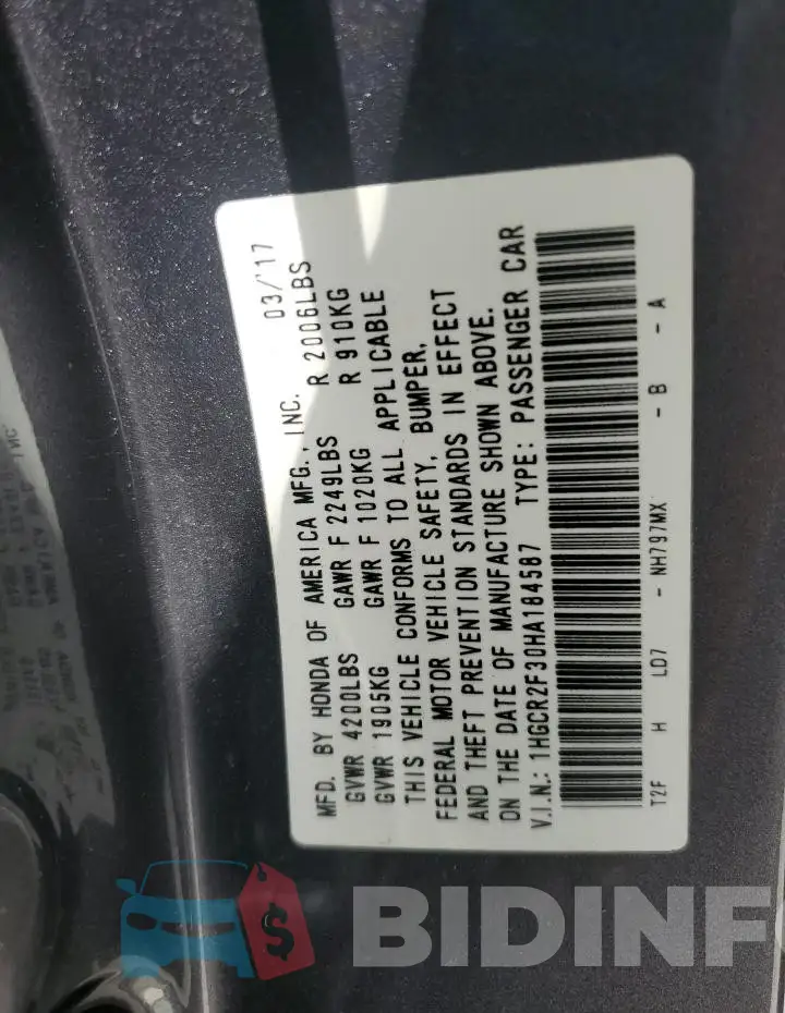 1HGCR2F30HA184587 Photo# 12