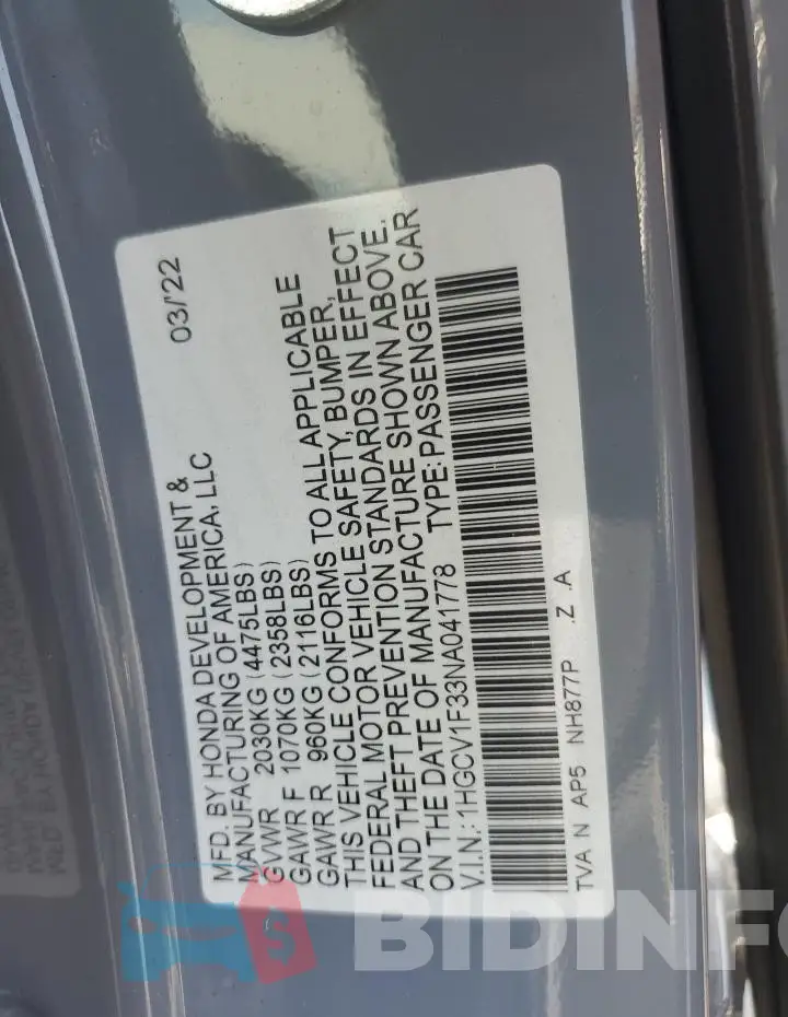 1HGCV1F33NA041778 Photo# 12