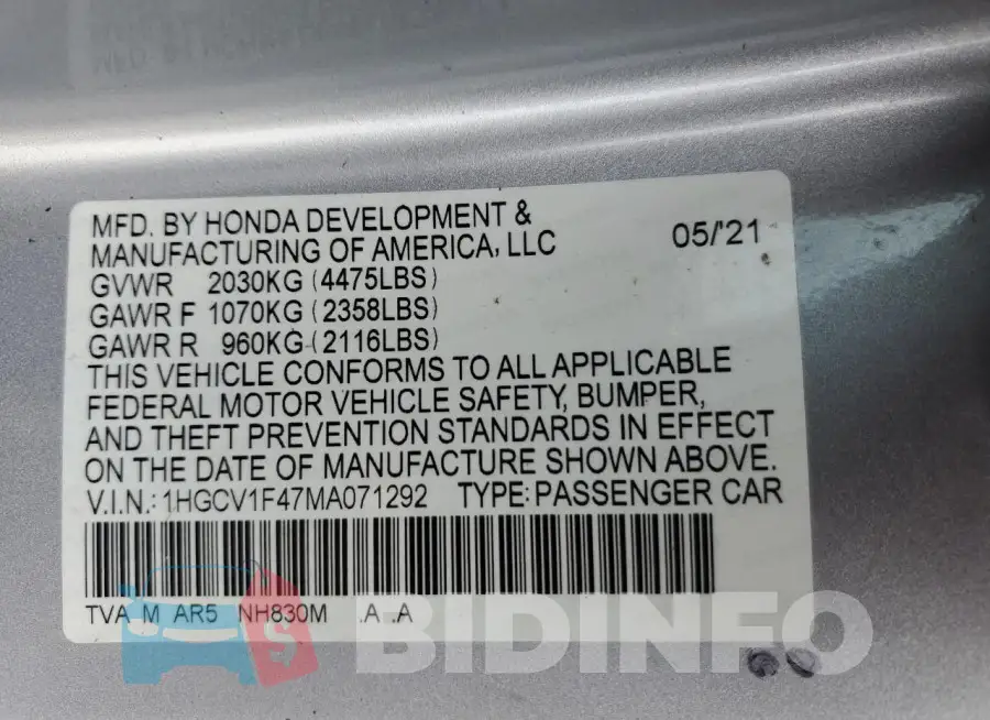 1HGCV1F47MA071292 Photo# 12