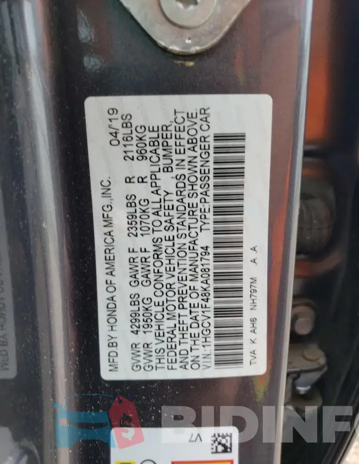1HGCV1F48KA081794 Photo# 12