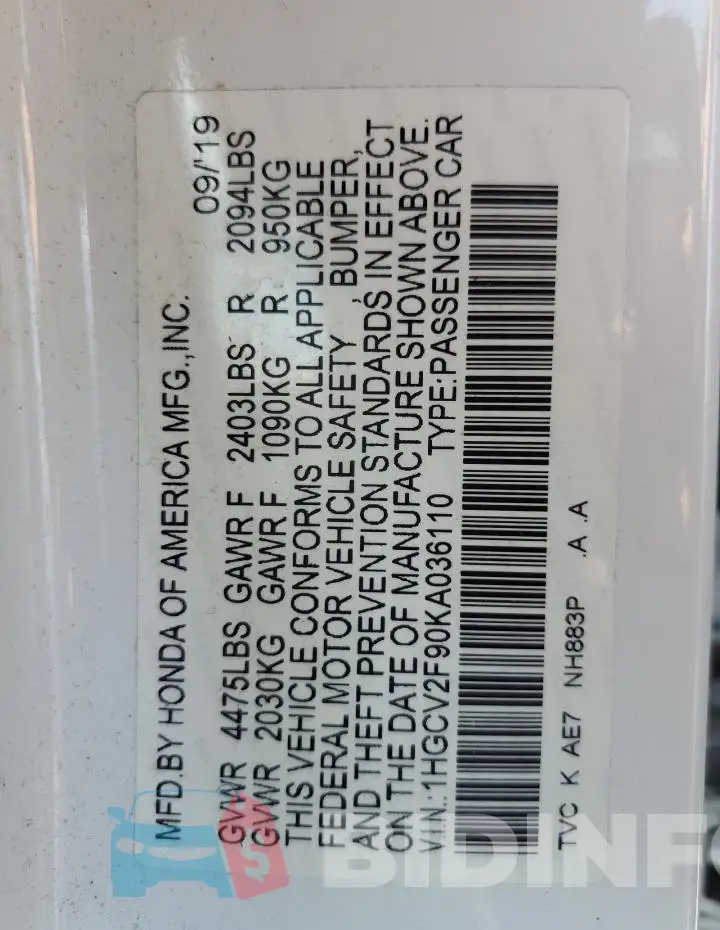 1HGCV2F90KA036110 Photo# 13