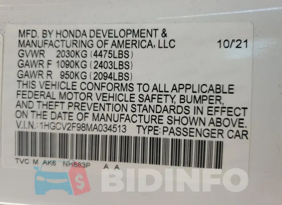 1HGCV2F98MA034513 Photo# 12