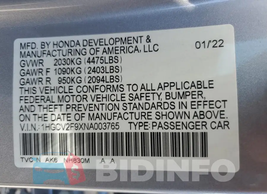 1HGCV2F9XNA003765 Photo# 13