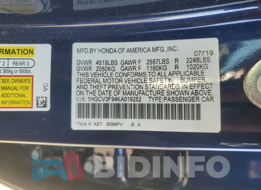 1HGCV3F94KA019252 Photo# 12