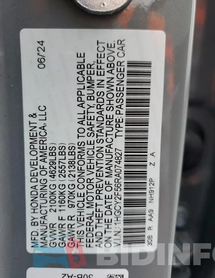 1HGCY2F56RA074827 Photo# 12