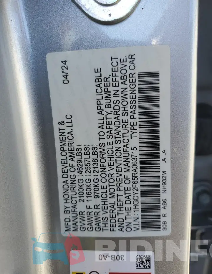 1HGCY2F65RA063715 Photo# 12
