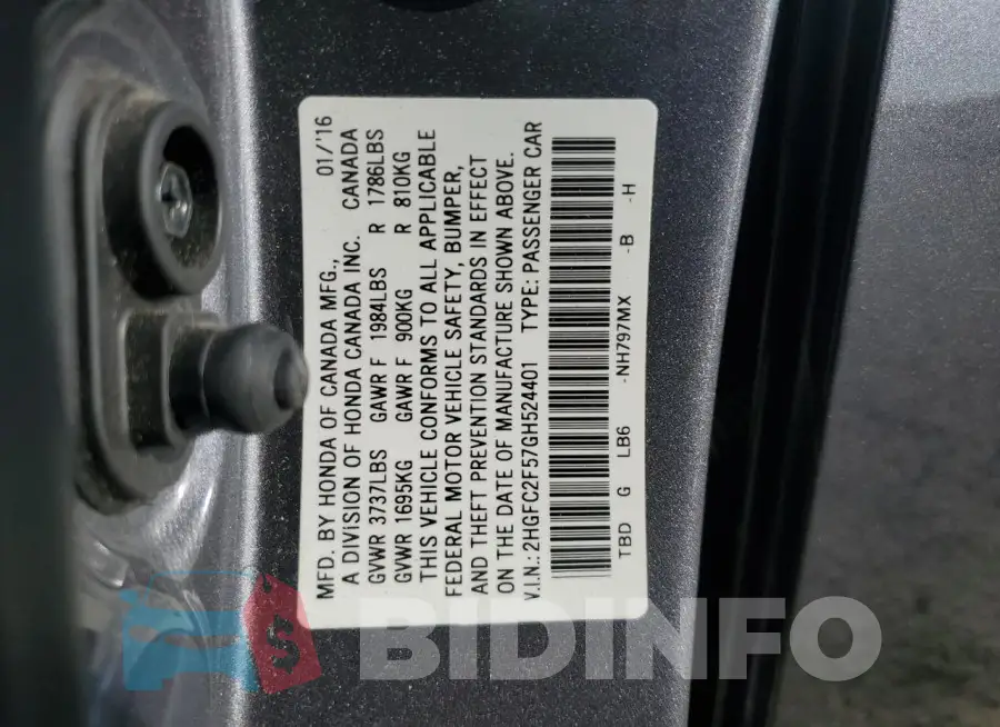 2HGFC2F57GH524401 Photo# 12