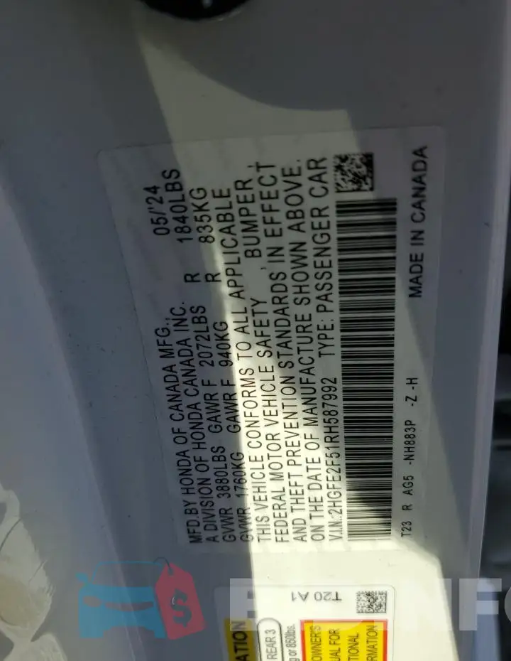 2HGFE2F51RH587992 Photo# 12