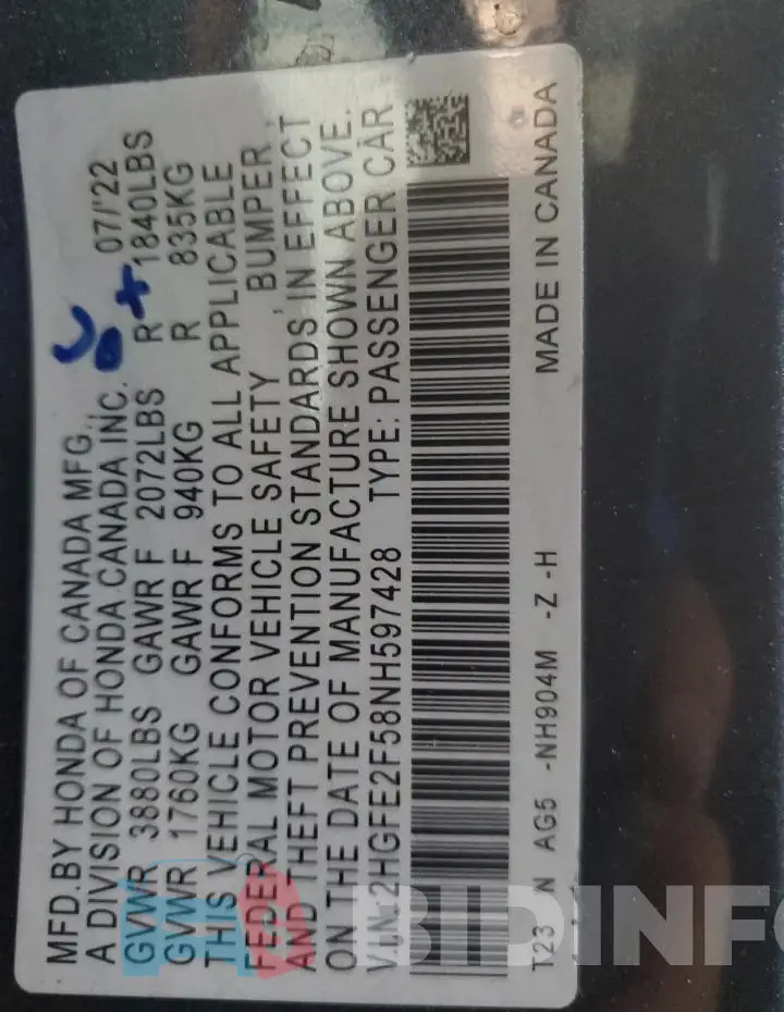2HGFE2F58NH597428 Photo# 12