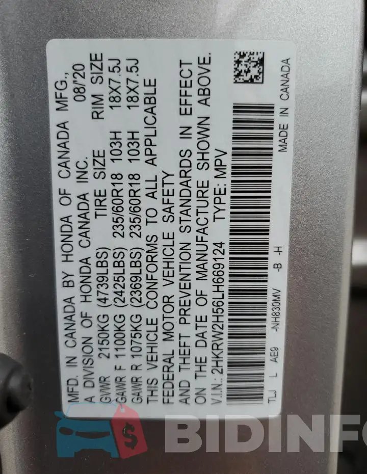 2HKRW2H56LH669124 Photo# 14