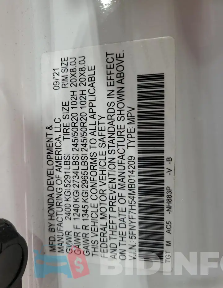 5FNYF7H54MB014209 Photo# 13