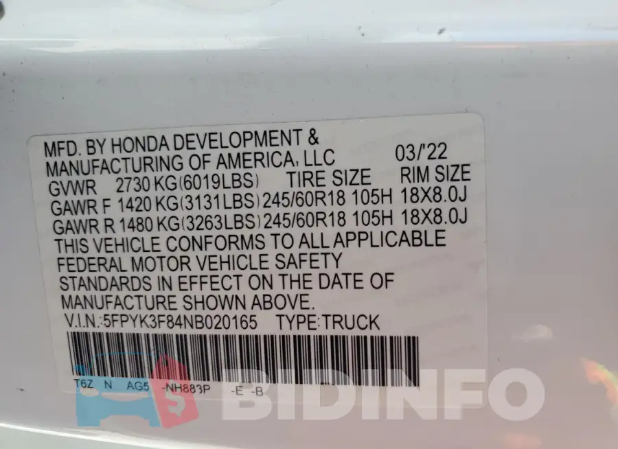 5FPYK3F84NB020165 Photo# 12