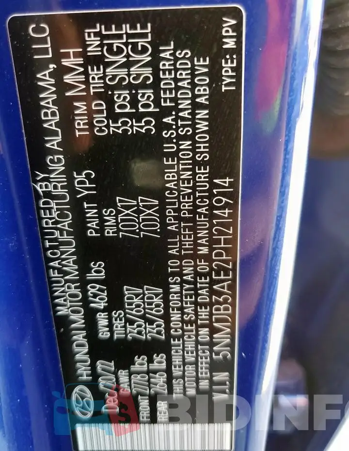 5NMJB3AE2PH214914 Photo# 14