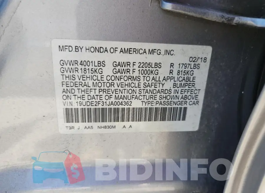 19UDE2F31JA004362 Photo# 12