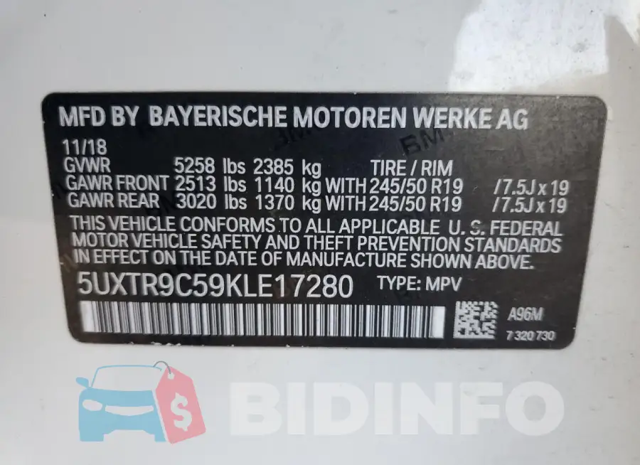 5UXTR9C59KLE17280 Photo# 13