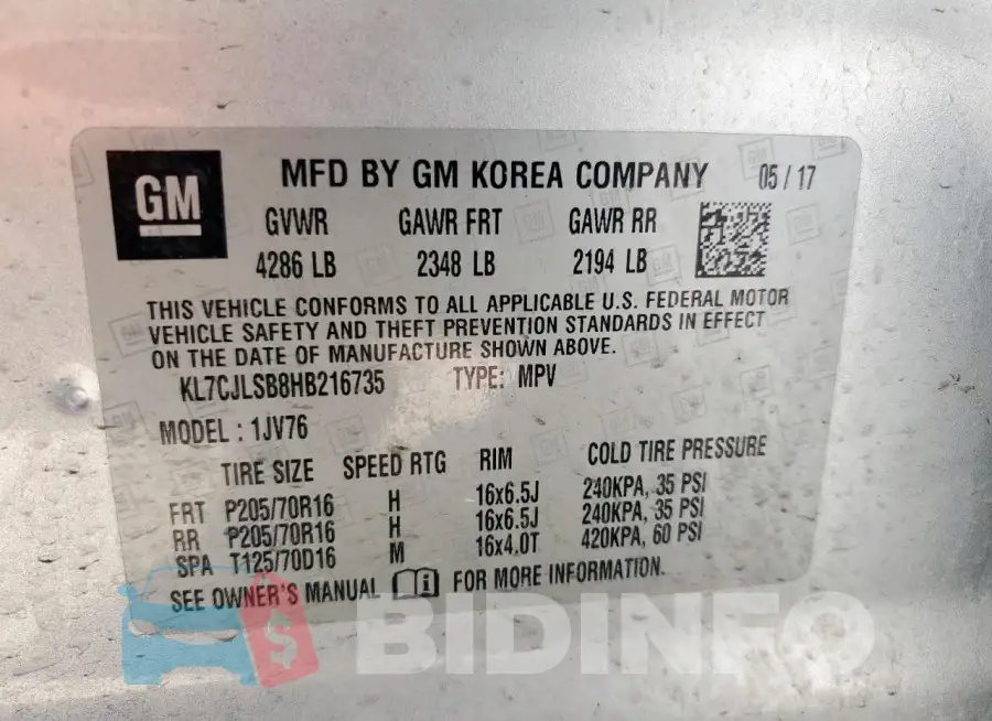 KL7CJLSB8HB216735 Photo# 13