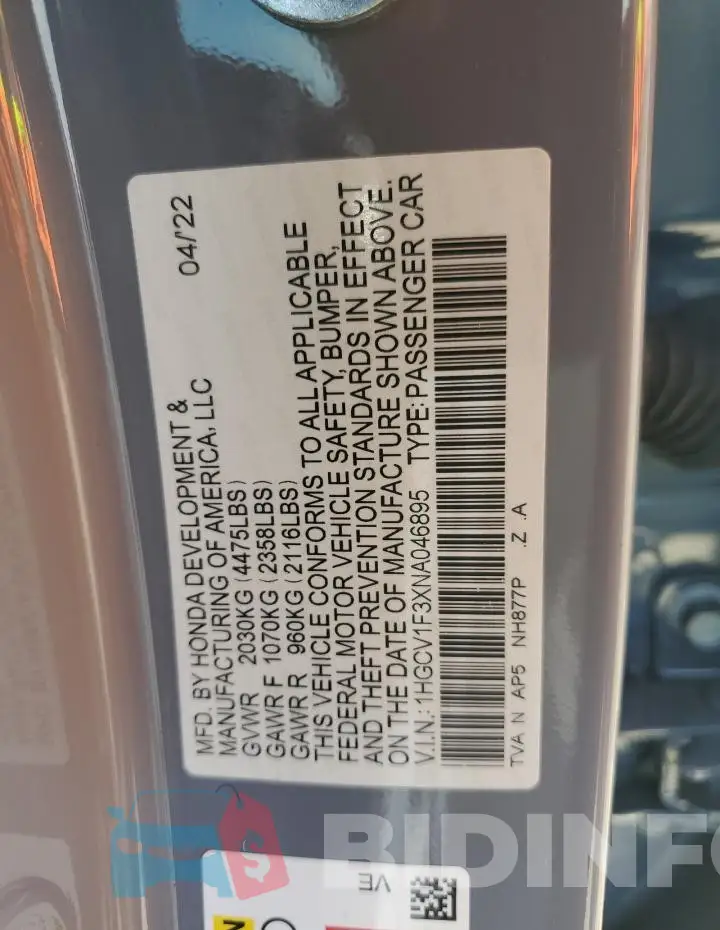 1HGCV1F3XNA046895 Photo# 12