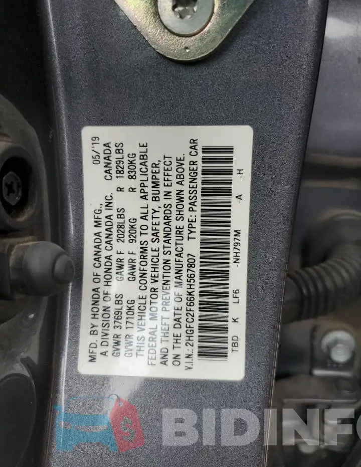 2HGFC2F66KH567807 Photo# 13