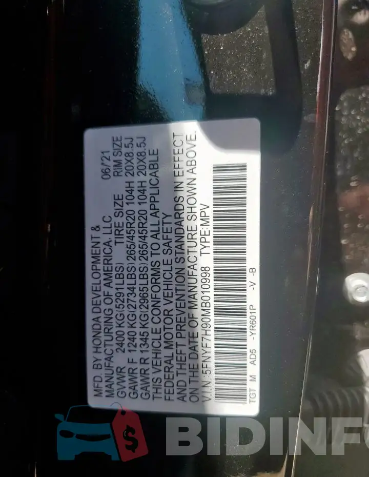 5FNYF7H90MB010998 Photo# 13