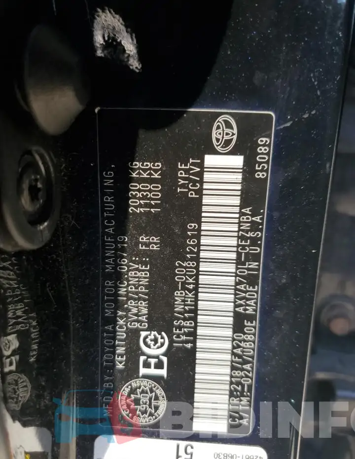 4T1B11HK4KU812619 Photo# 12