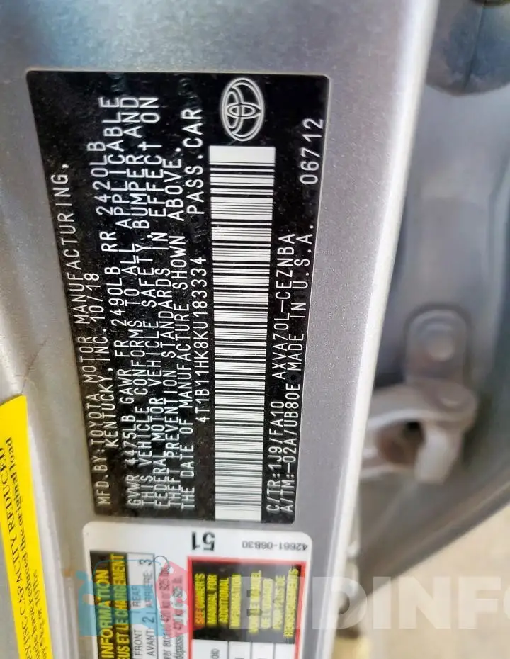 4T1B11HK8KU183334 Photo# 13
