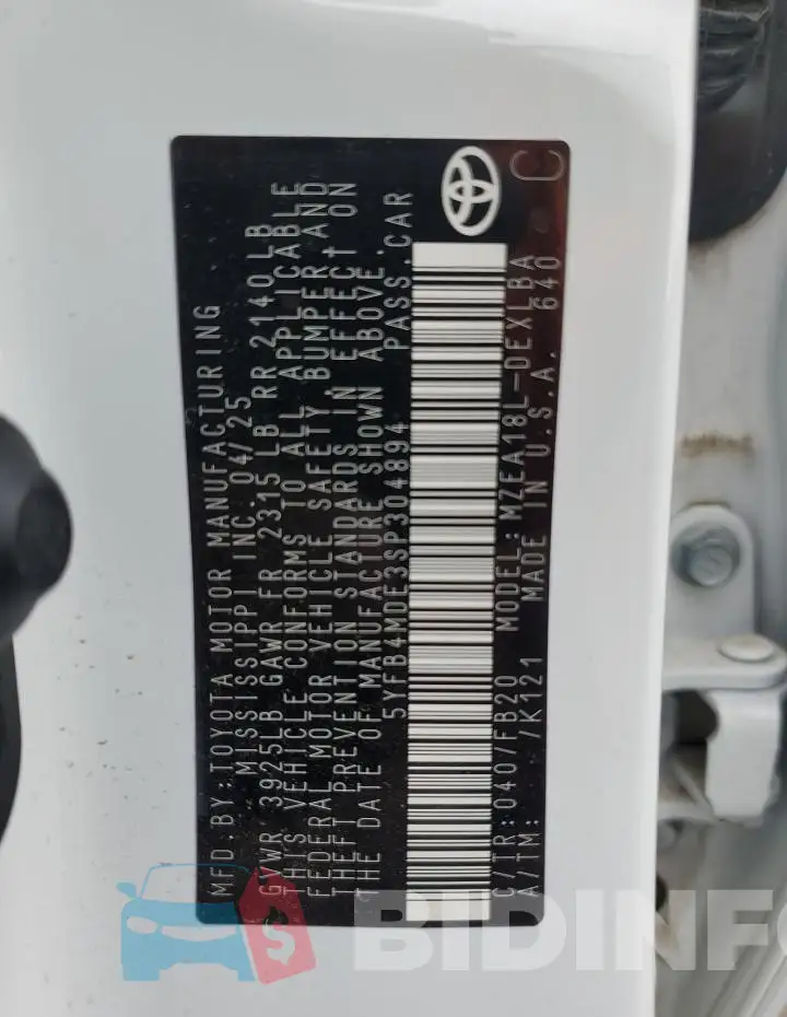 5YFB4MDE3SP304894 Photo# 12