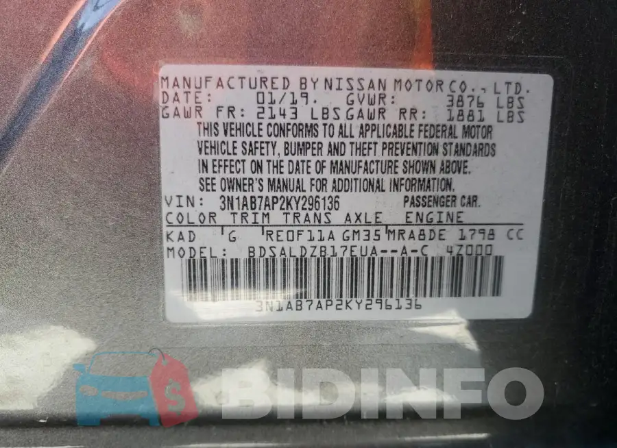 3N1AB7AP2KY296136 Photo# 13