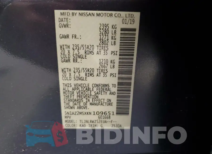 5N1AZ2MSXKN109651 Photo# 14