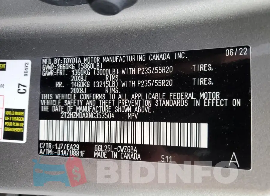2T2HZMDAXNC353504 Photo# 13