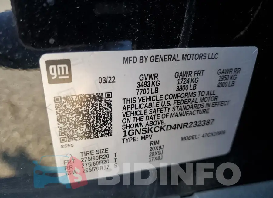 1GNSKCKD4NR232387 Photo# 13