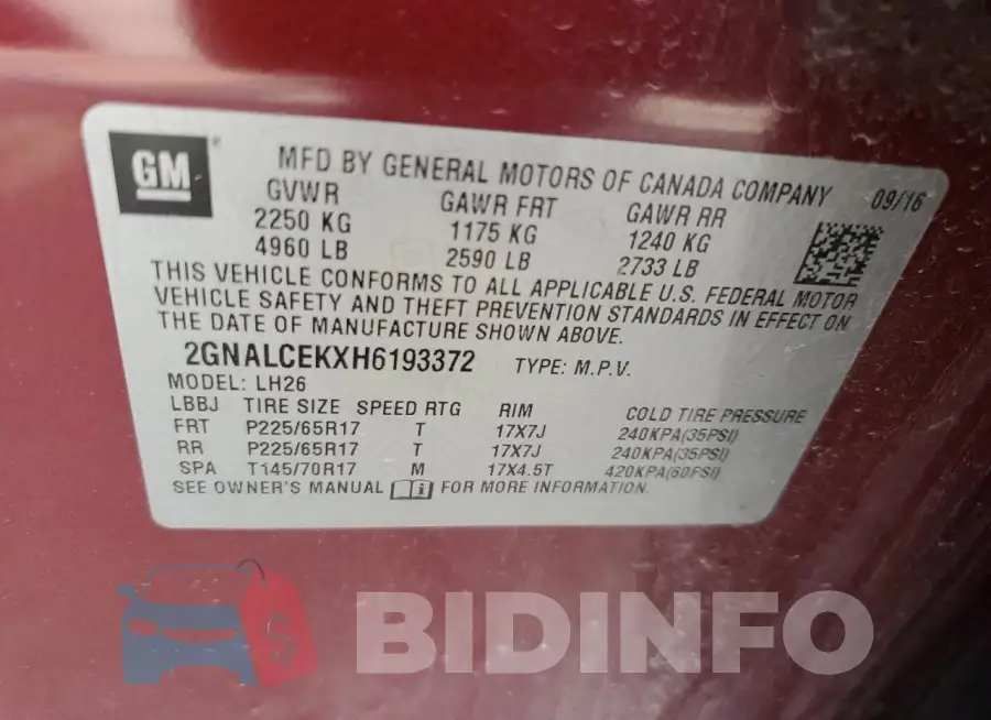 2GNALCEKXH6193372 Photo# 13