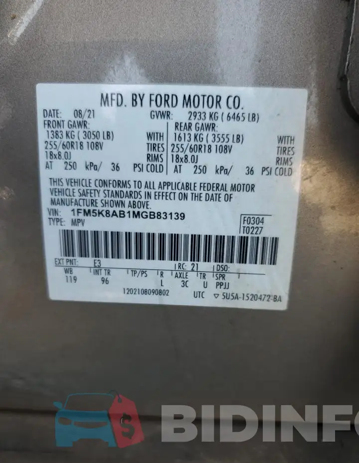 1FM5K8AB1MGB83139 Photo# 12