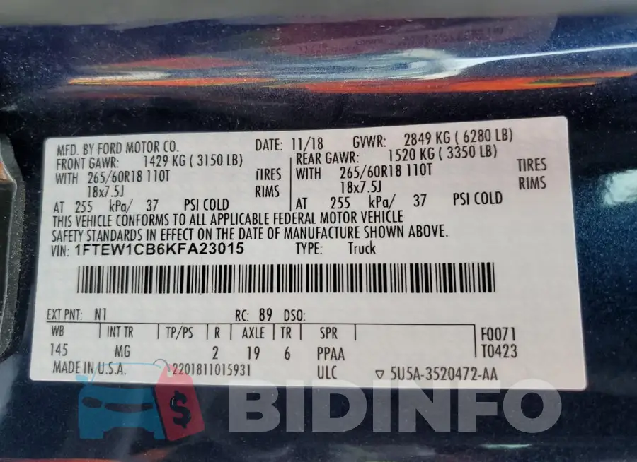 1FTEW1CB6KFA23015 Photo# 13