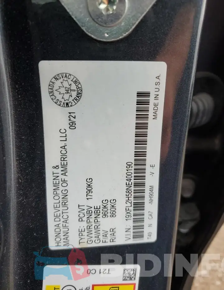 19XFL2H58NE400190 Photo# 12