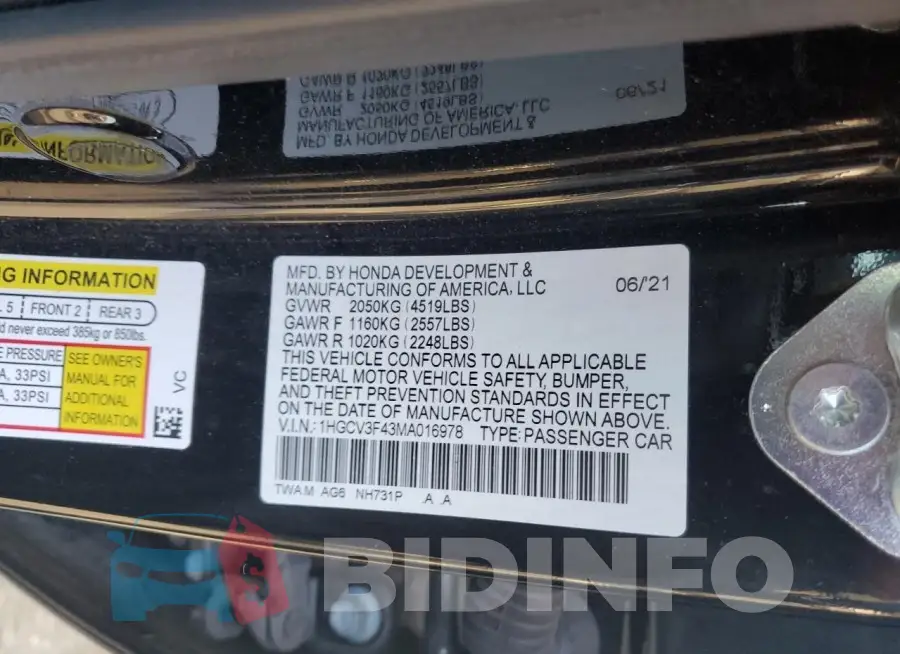 1HGCV3F43MA016978 Photo# 13