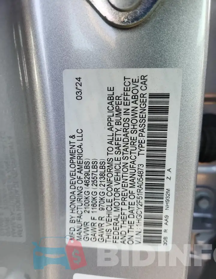1HGCY2F51RA054873 Photo# 13