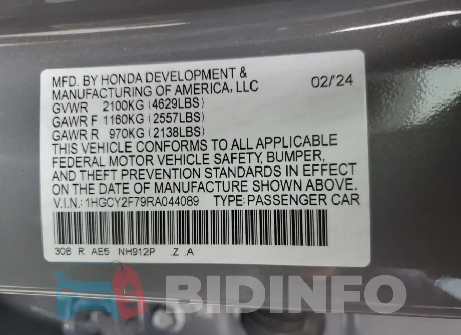 1HGCY2F79RA044089 Photo# 13