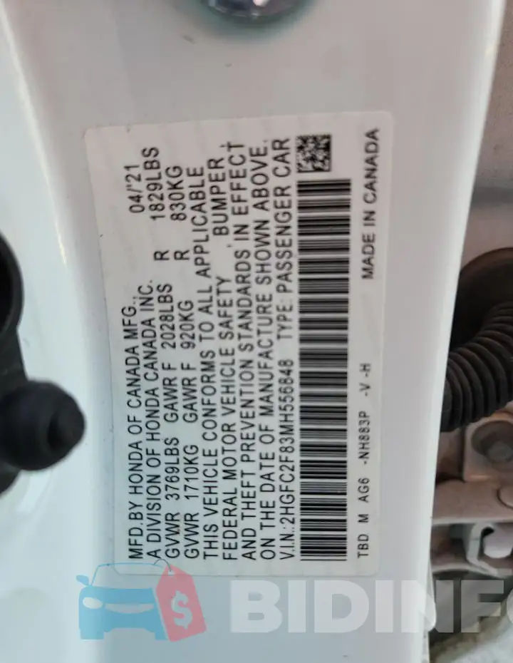 2HGFC2F83MH556848 Photo# 13