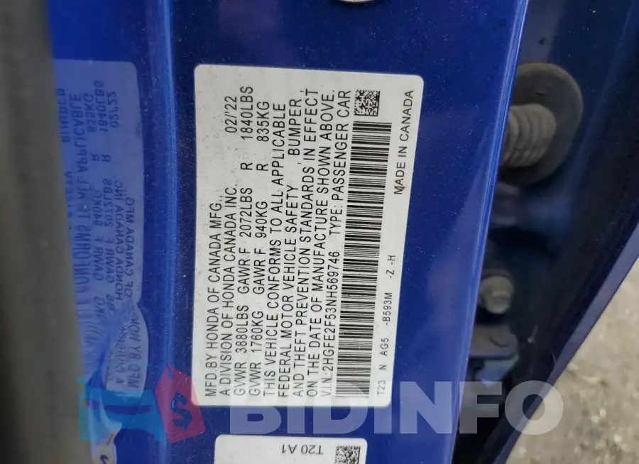 2HGFE2F53NH569746 Photo# 12