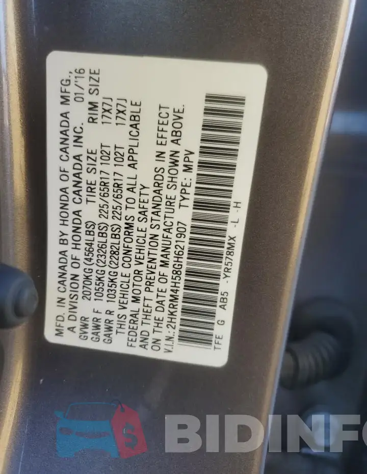 2HKRM4H58GH621907 Photo# 13