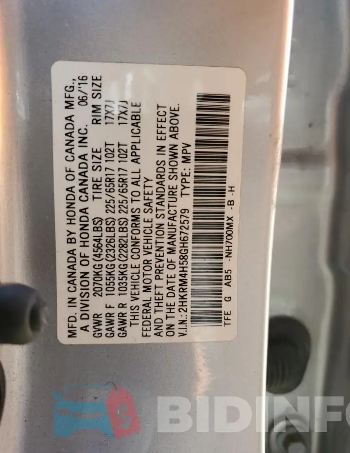 2HKRM4H58GH672579 Photo# 13