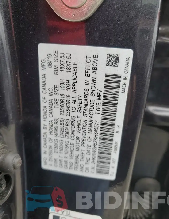2HKRW2H52KH645577 Photo# 13