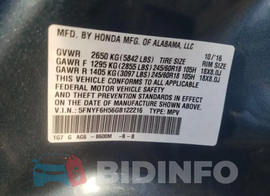 5FNYF6H56GB122216 Photo# 13