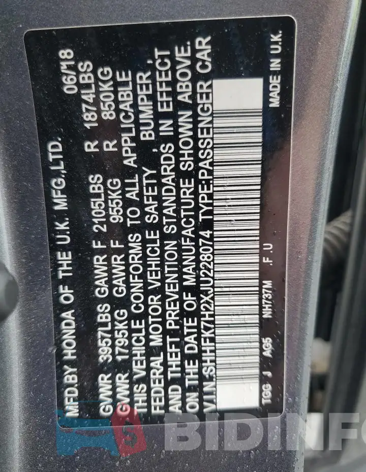 SHHFK7H2XJU228074 Photo# 12