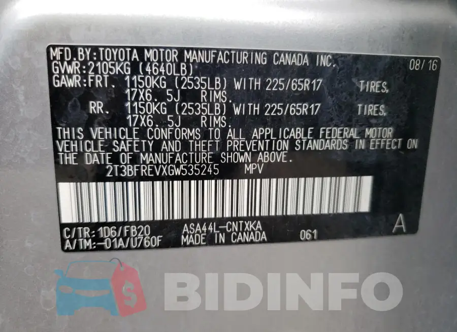 2T3BFREVXGW535245 Photo# 13