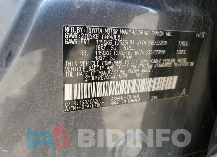 2T3DFREV0GW421828 Photo# 13