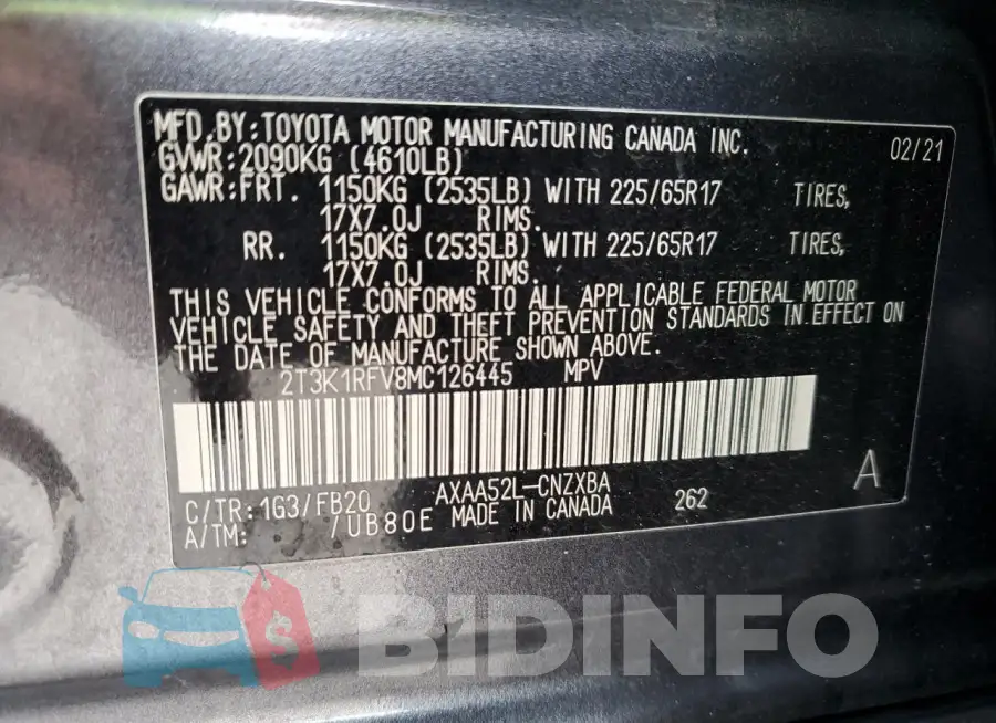 2T3K1RFV8MC126445 Photo# 14