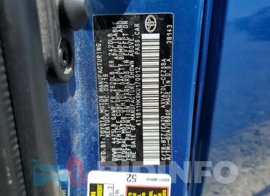 4T1B11HK9KU170012 Photo# 12