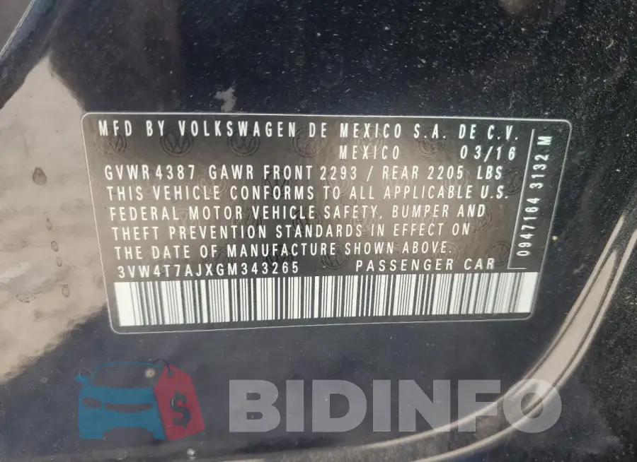 3VW4T7AJXGM343265 Photo# 12