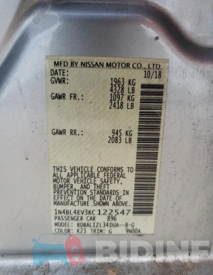 1N4BL4EV3KC122547 Photo# 12